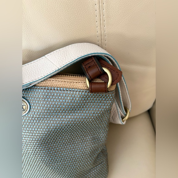 Fossil Explorer Woven Triple Zip Hipster Crossbody Iridescent Blue Leather Trim - Picture 5 of 11